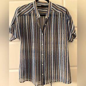 Stipe Chiffon buttons front shirt. Tommy Bahama Sz Small Blue. White. Tan.